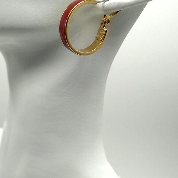 Vintage MONET Red Enamel Inlay Hoop Earrings Gold-Tone - Picture 15 of 16
